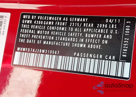 2011 Volkswagen Gti 2-Door из США, поврежденный, VIN WVWFD7AJ2BW310567